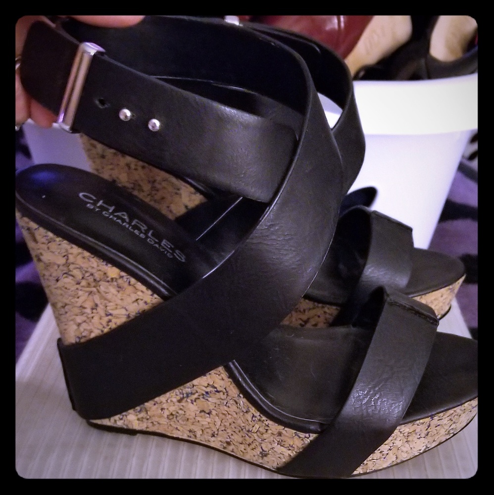 Black leather wedges